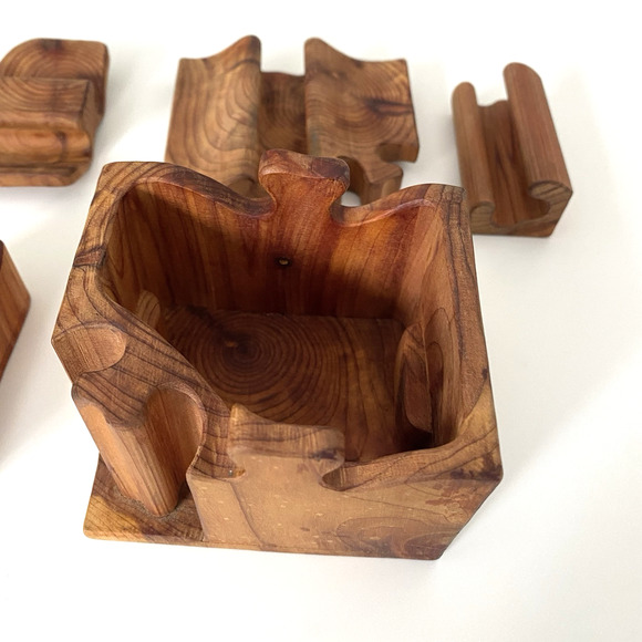 Vintage Signed Wooden Puzzle Box Toy 5 Pieces 3.5"x3"x2.5" Brown - Picture 8 of 10